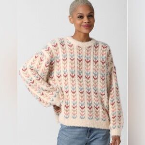 Forever 21 Cream & Red Chevron Rainbow Print Crew Neck Sweater Relaxed Fit